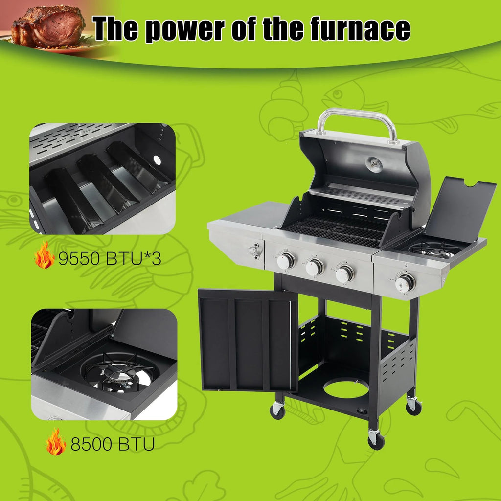 3 Burner BBQ Propane Gas Grill with Side Burner, Stainless Steel Patio Barbecue Grill with Lid, Wheels, Shelves and Bottle Opener W543
