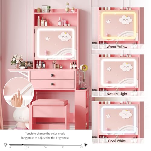 White Makeup Vanity Desk with Lighted Mirror and Chair O7640