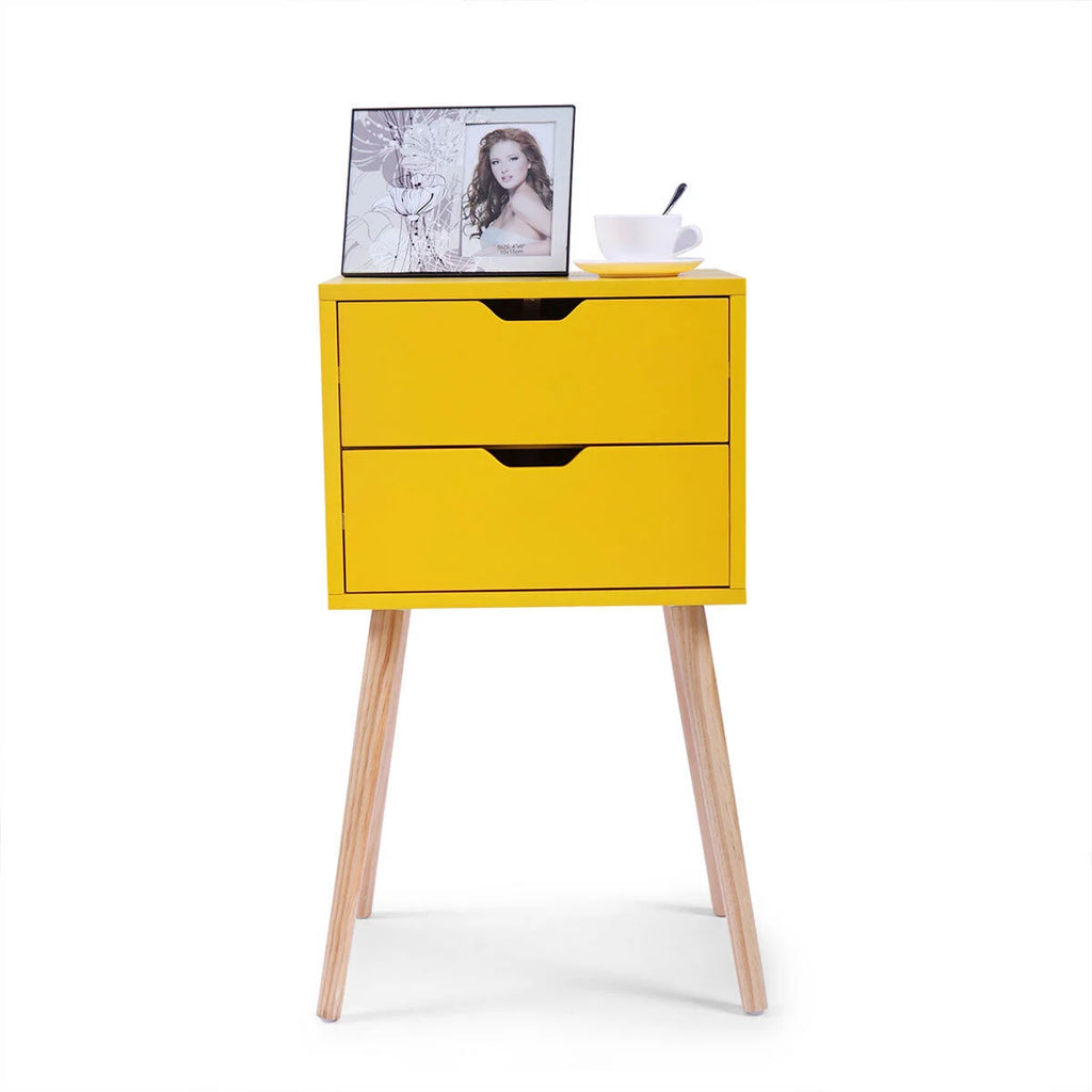 Set of 2 Nightstand with 2 Storage Drawer Solid Wood Side End Table Yellow J77810