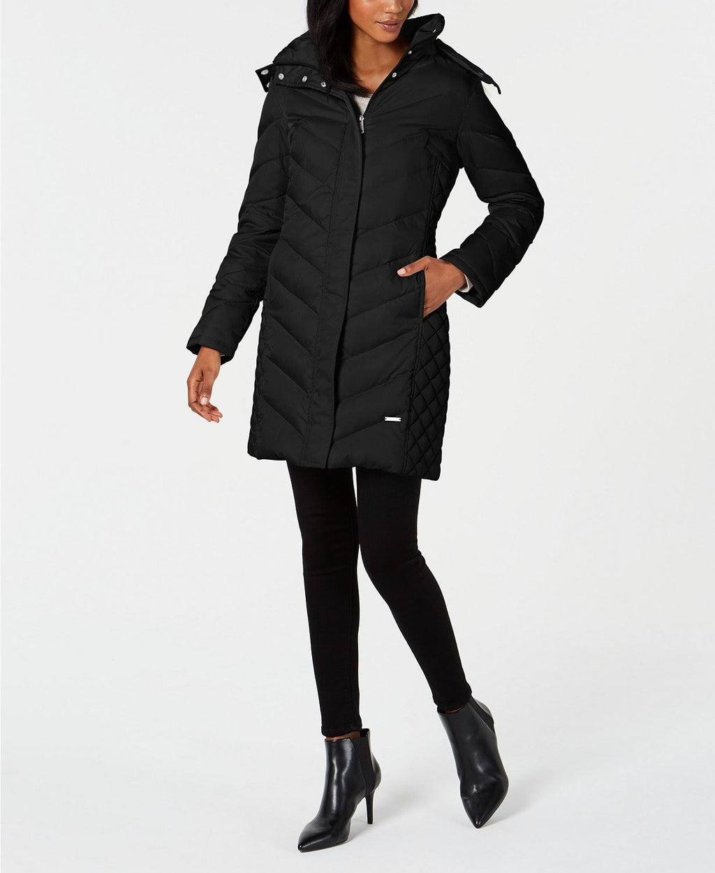 Black Petite Faux-Fur-Trim Down Hooded Puffer Coat F909393