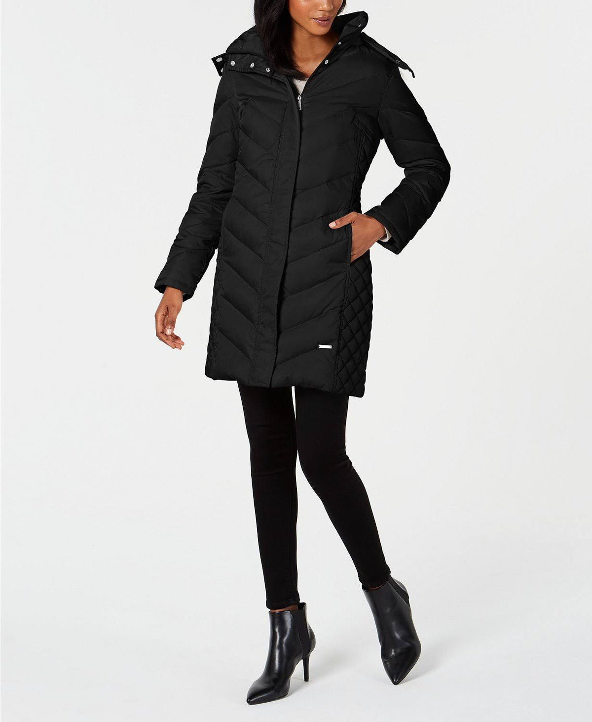 Black Petite Faux-Fur-Trim Down Hooded Puffer Coat F909393