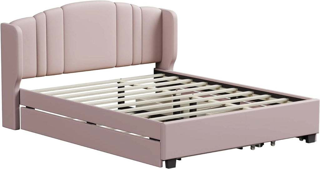 Queen Upholstered Platform Bed with Wingback Headboard and 2 Drawers S91483