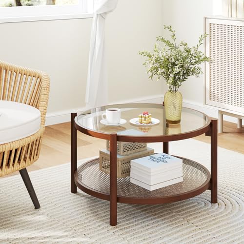 Rattan Coffee Table with Tempered Glass Top and Storage Shelf H176459