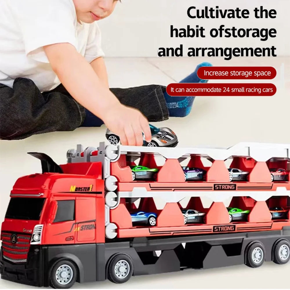 Mega Hauler Truck with Ejection Race Track, Folding Storage Transporter Toy with 8 Cars F5637