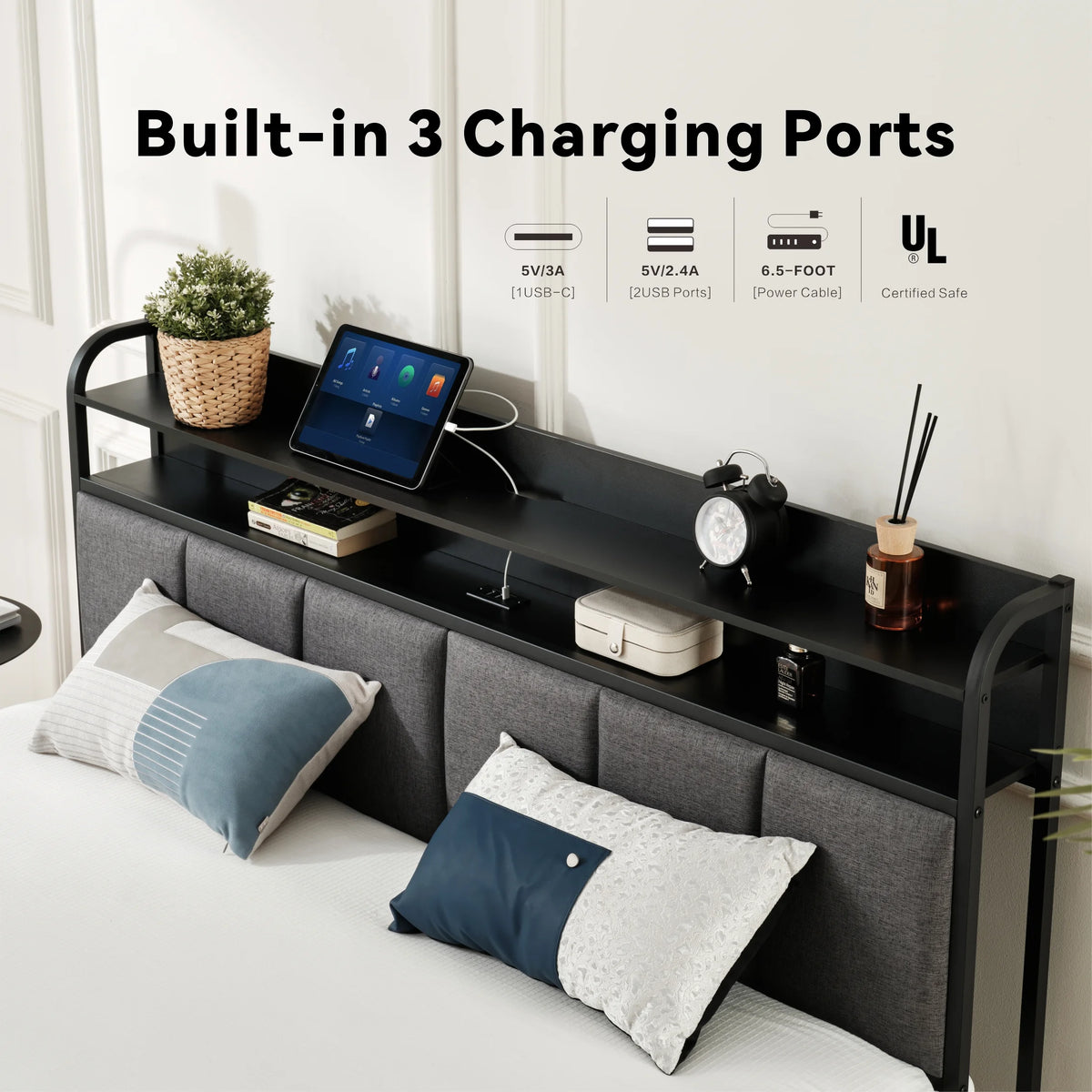 King Size Metal and Wood Platform Bed with LED Headboard K26153
