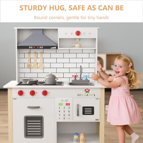 Wooden Play Kitchen with Microwave, Range Hood, Stove, Sink, and Accessories S6658