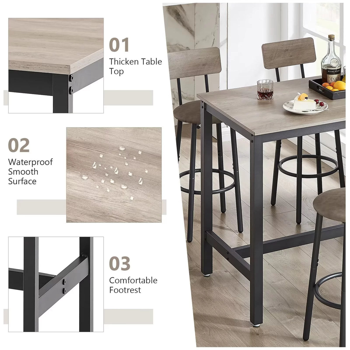 Modern Grey Bar Table and Chair Set of 5 with Backrest K4695