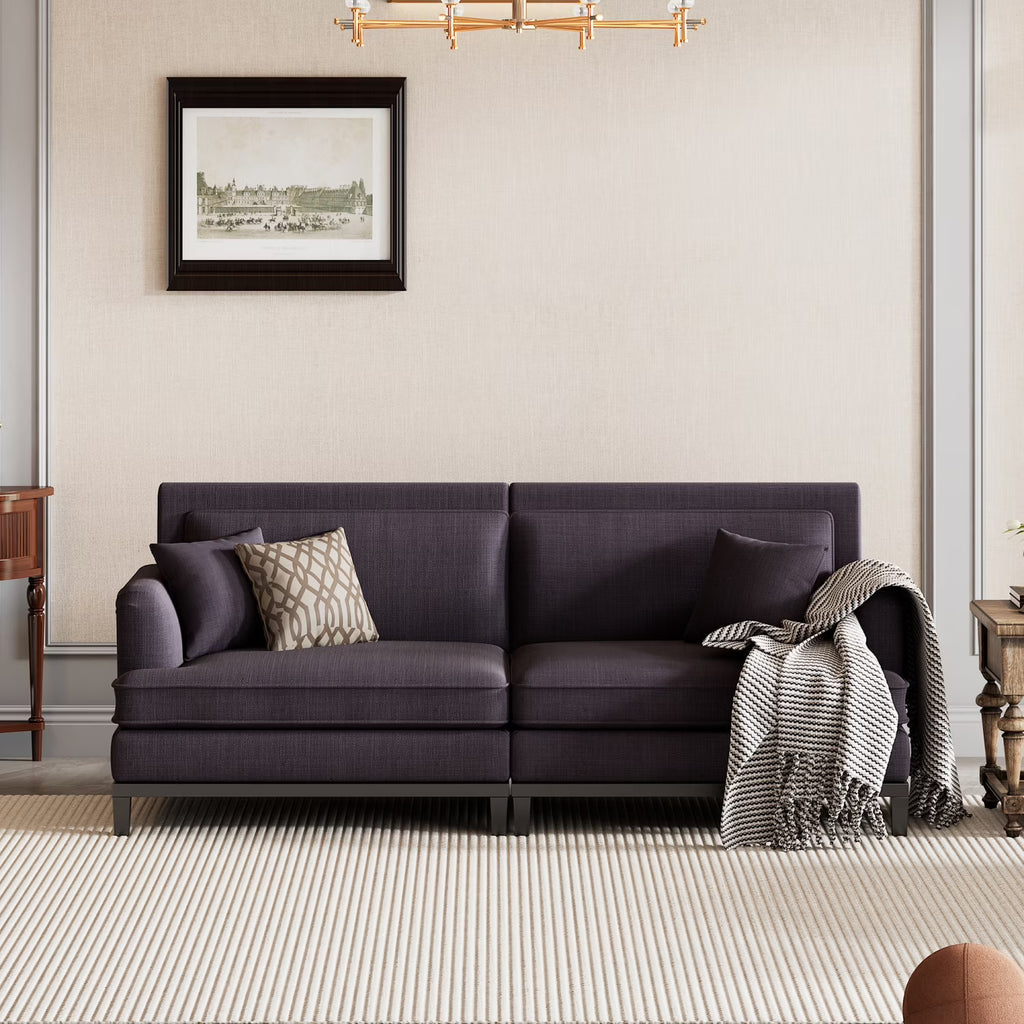 Gray Upholstered Loveseat Sofa with Wooden Legs and Two Throw Pillows C8664