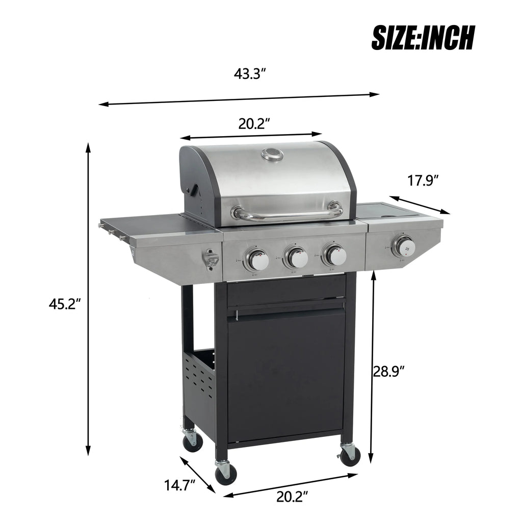 3 Burner BBQ Propane Gas Grill with Side Burner, Stainless Steel Patio Barbecue Grill with Lid, Wheels, Shelves and Bottle Opener W543