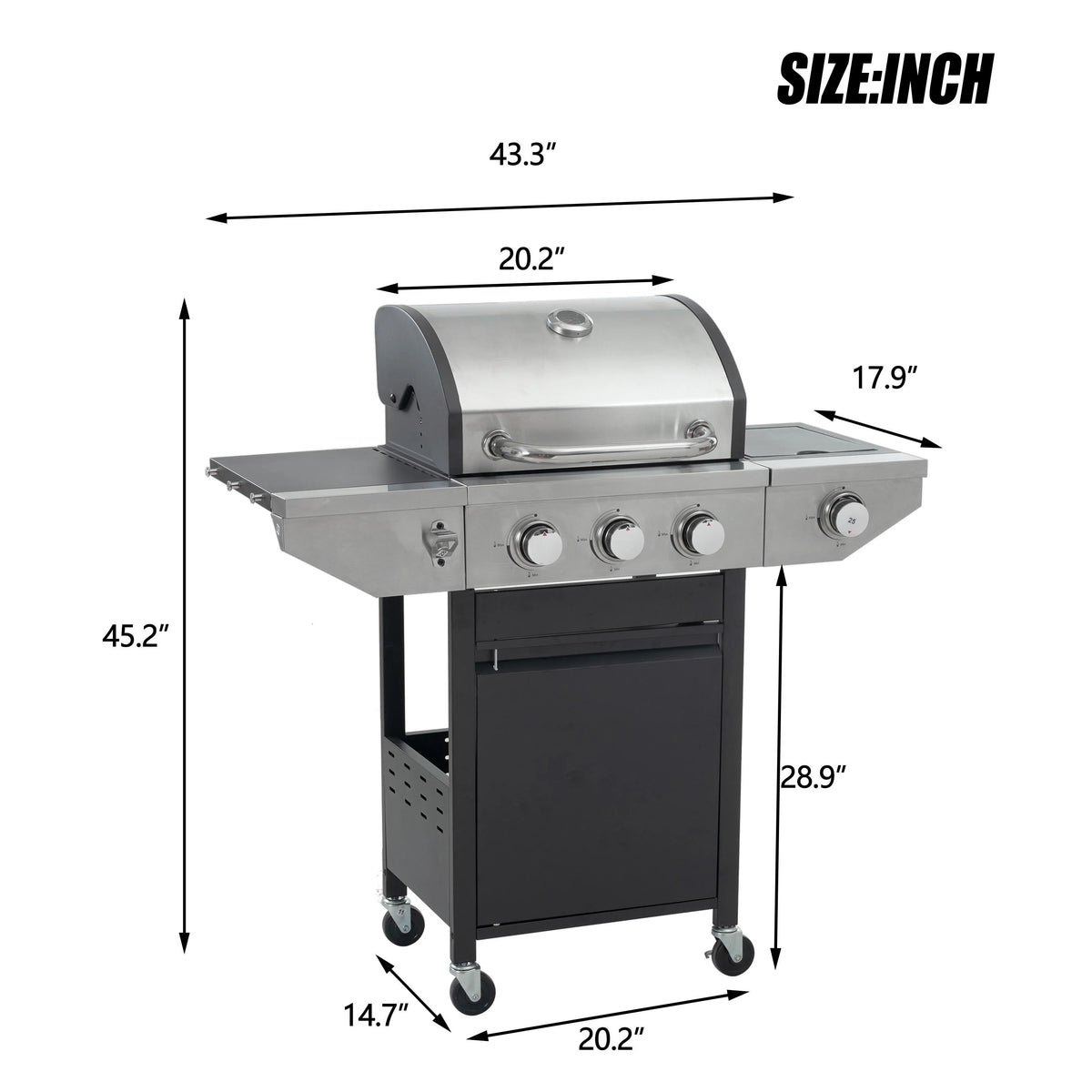3 Burner BBQ Propane Gas Grill with Side Burner, Stainless Steel Patio Barbecue Grill with Lid, Wheels, Shelves and Bottle Opener W543