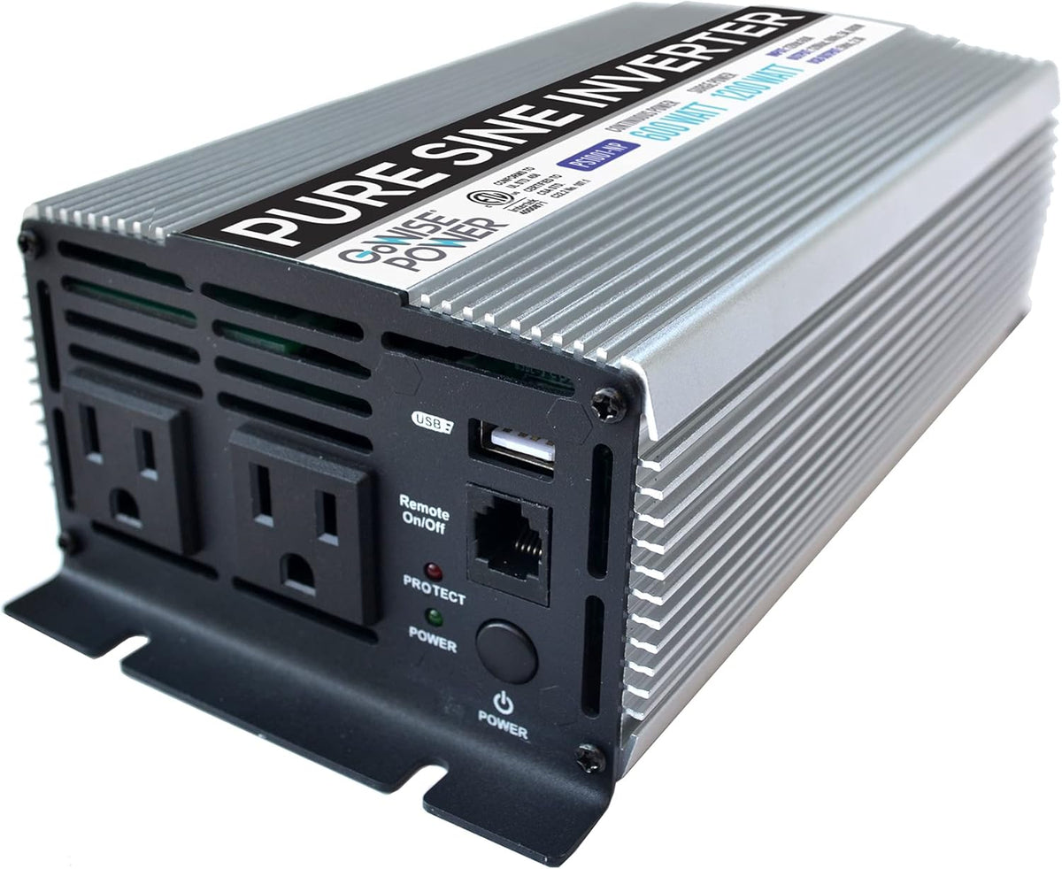 600W Pure Sine Wave Inverter 12V DC to 115V AC with 2 AC Outlets and USB Port J5643