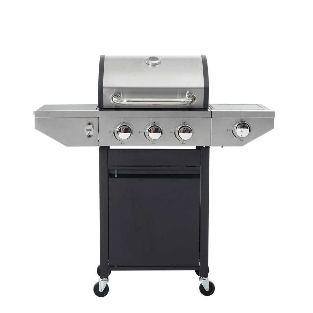 3 Burner BBQ Propane Gas Grill with Side Burner, Stainless Steel Patio Barbecue Grill with Lid, Wheels, Shelves and Bottle Opener W543