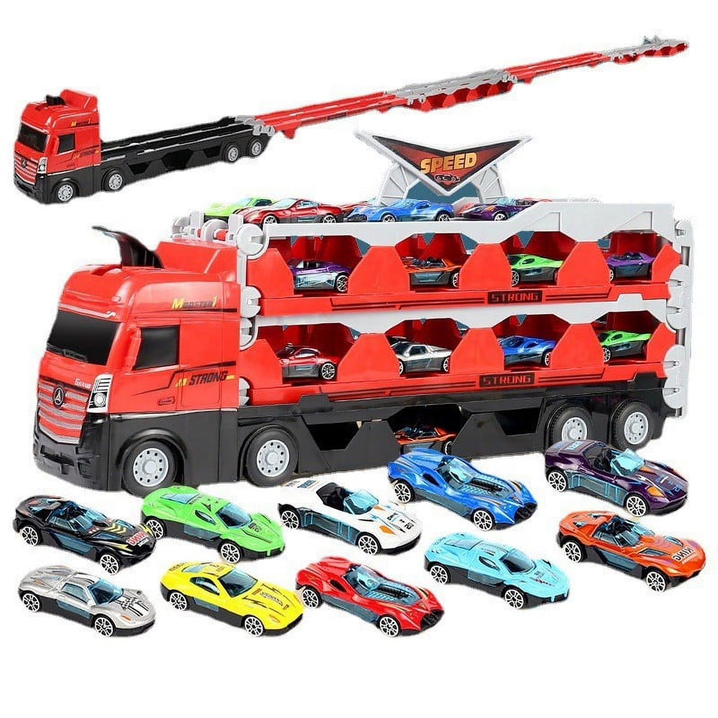 Mega Hauler Truck with Ejection Race Track, Folding Storage Transporter Toy with 8 Cars F5637