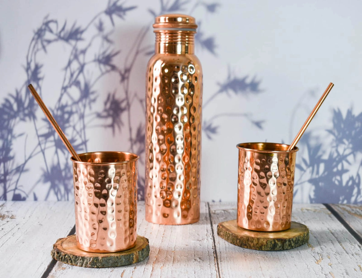 100% Pure Copper Hammered Bottle with 2 Glasses, 2 Straws and 2 Coasters, 1000ml E339614