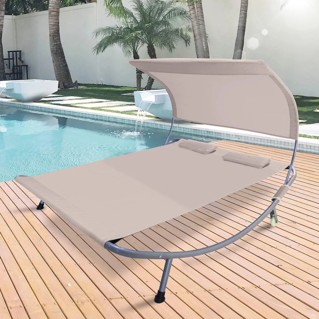 Double Chaise Lounge Bed with Canopy, Headrest Pillow and Wheels U3128