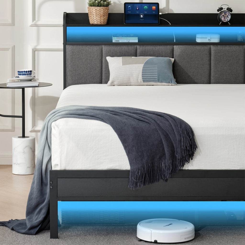 King Size Metal and Wood Platform Bed with LED Headboard K26153
