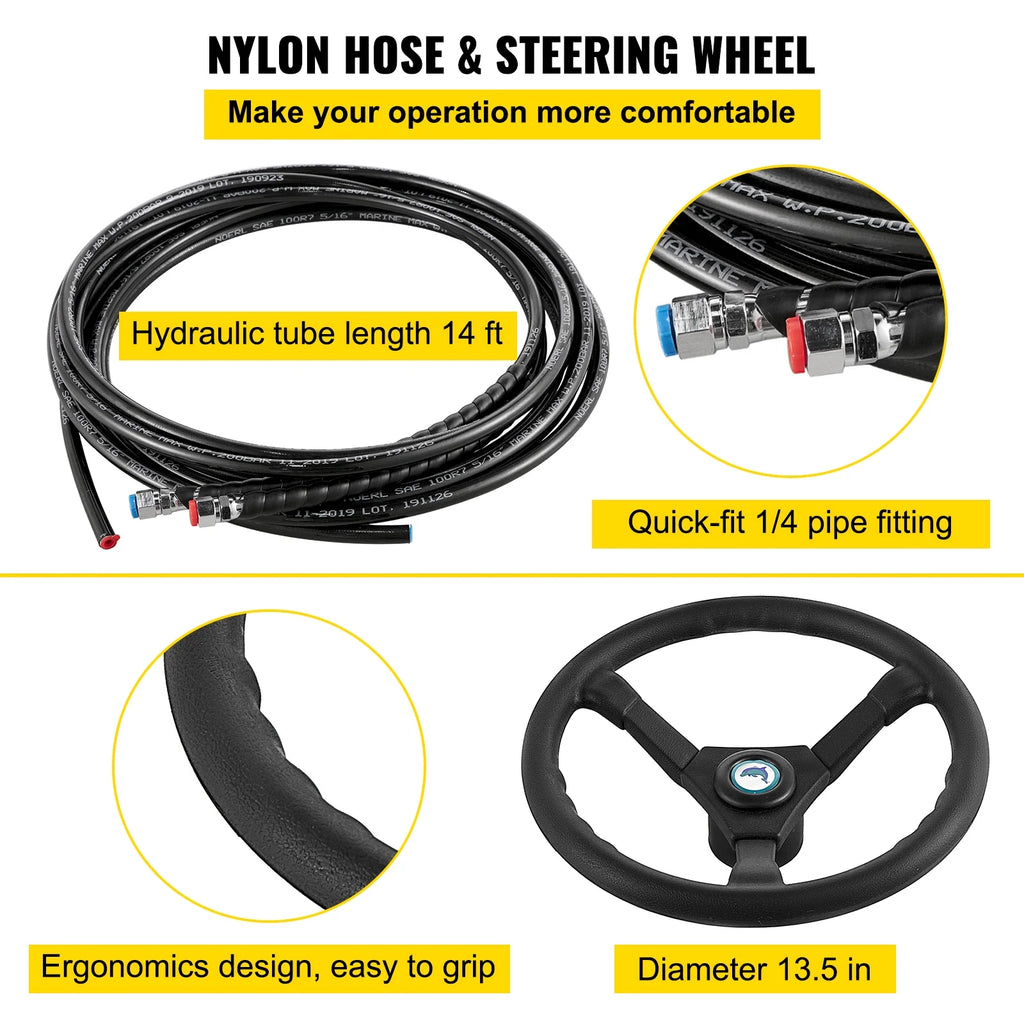Hydraulic Outboard Boat Steering Kit 14' Hoses 300HP Helm Pump W29564