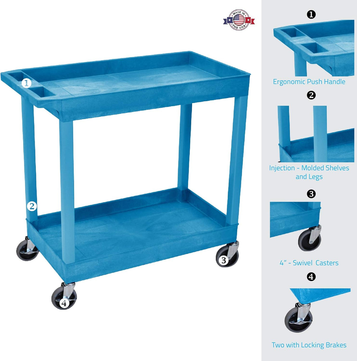 Blue Mobile Utility Tub Cart with 2 Shelves and Push Handle A250