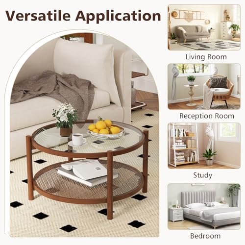 Rattan Coffee Table with Tempered Glass Top and Storage Shelf H176459