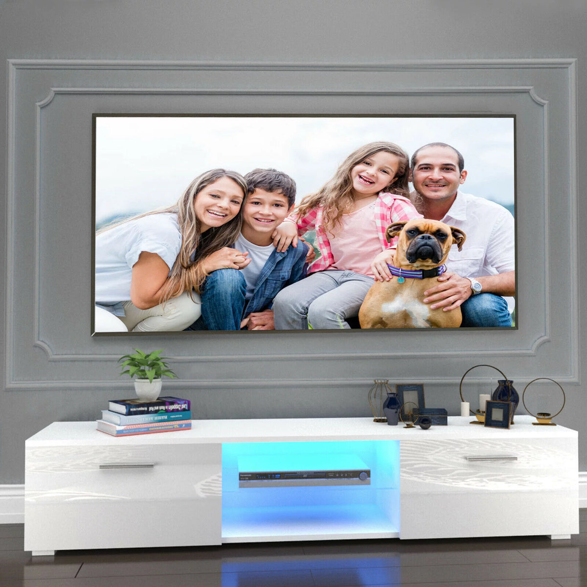 High Gloss White LED Light TV Stand with Storage, Shelves K770709