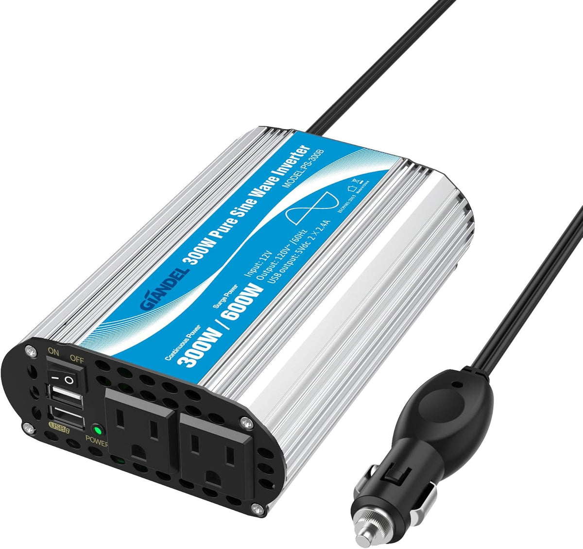 300Watt Pure Sine Wave Power Inverter 12V DC to 120V AC with 4.8A Dual USB and 2 AC Outlets Z142