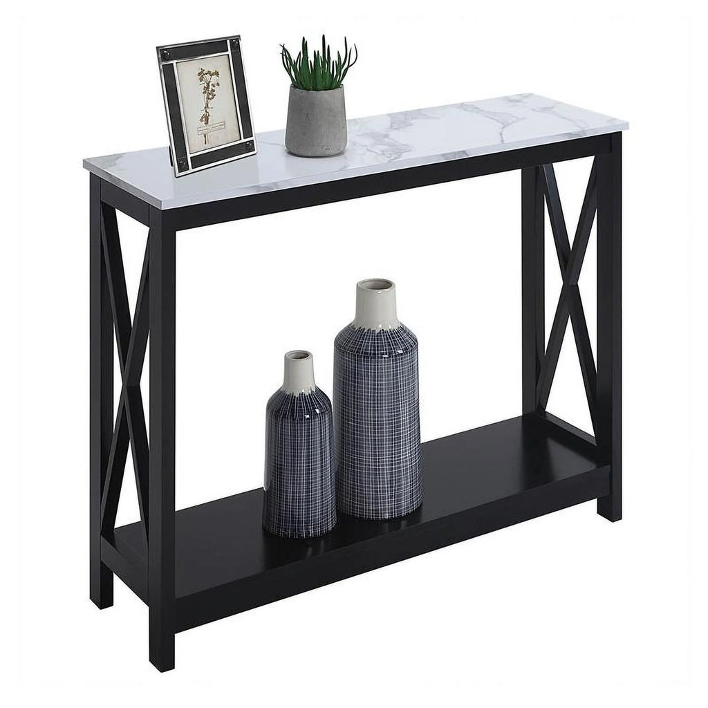 White Faux Marble and Black Wood Console Table with Shelf B243437