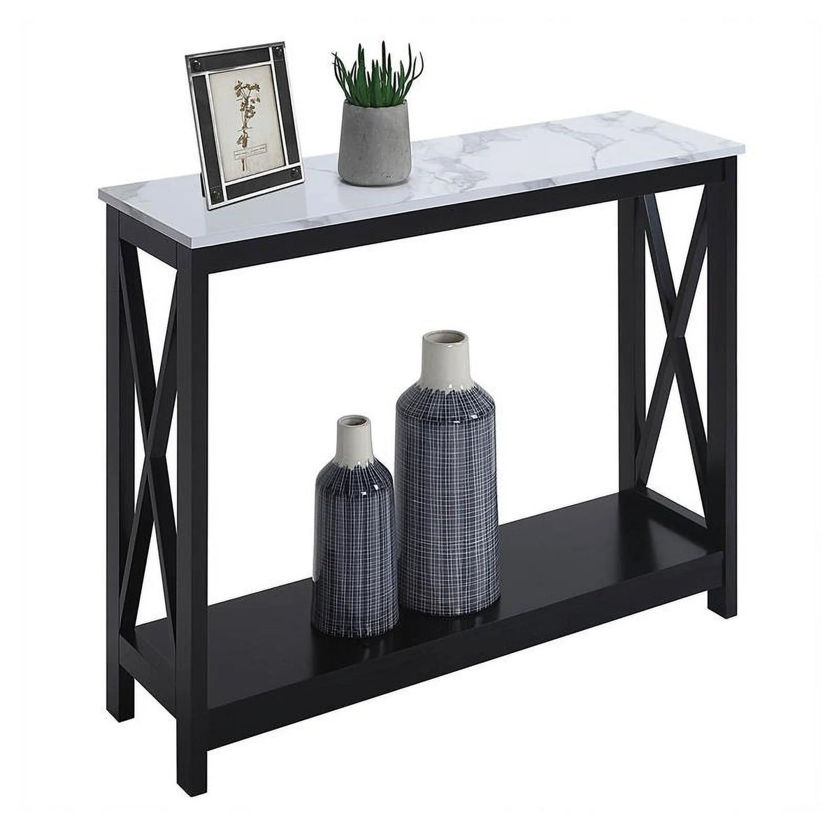 White Faux Marble and Black Wood Console Table with Shelf B243437