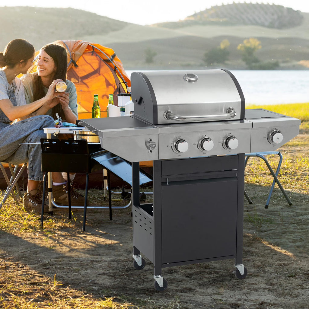 3 Burner BBQ Propane Gas Grill with Side Burner, Stainless Steel Patio Barbecue Grill with Lid, Wheels, Shelves and Bottle Opener W543