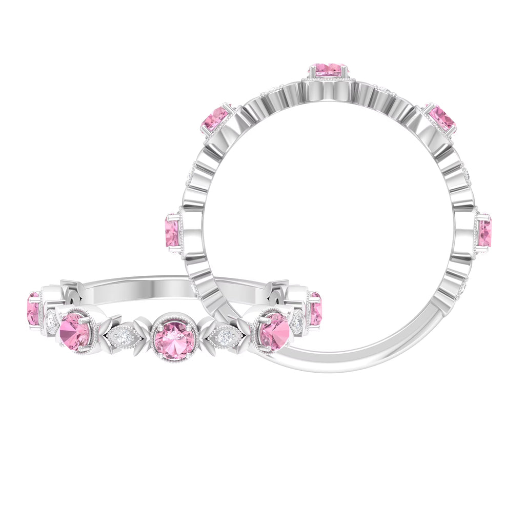 Pink Tourmaline and Diamond Half Eternity Ring, 925 Sterling Silver, US 4.00 Y4857