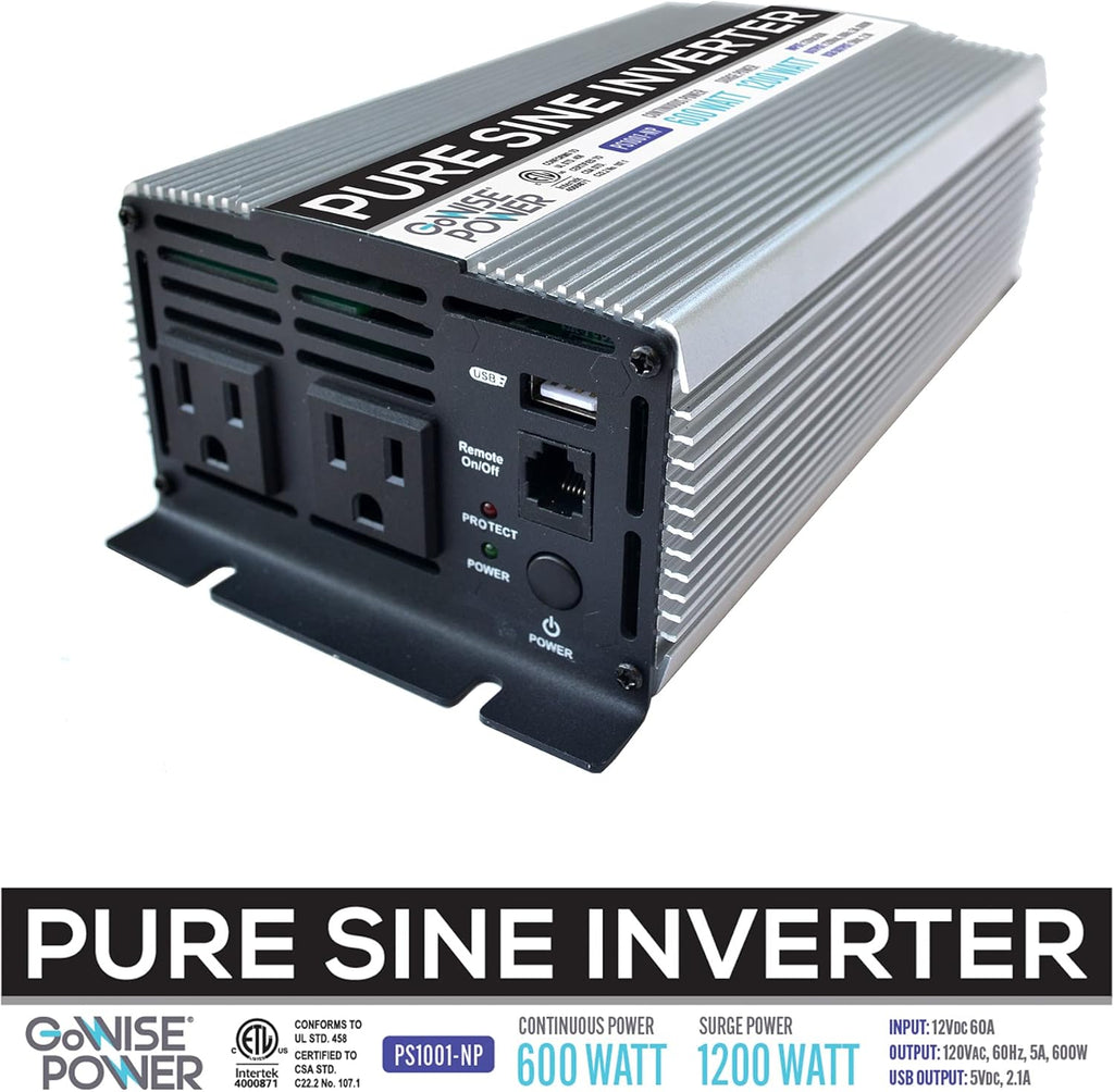 600W Pure Sine Wave Inverter 12V DC to 115V AC with 2 AC Outlets and USB Port J5643