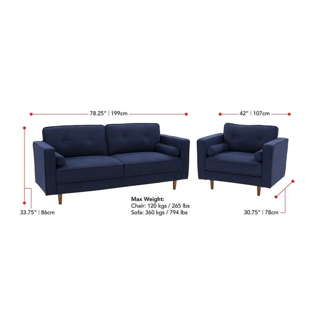 Navy Blue Fabric Chair and Sofa Set 2pcs U7348