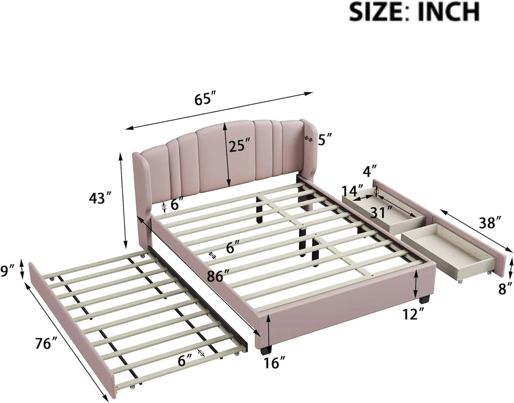 Queen Upholstered Platform Bed with Wingback Headboard and 2 Drawers S91483