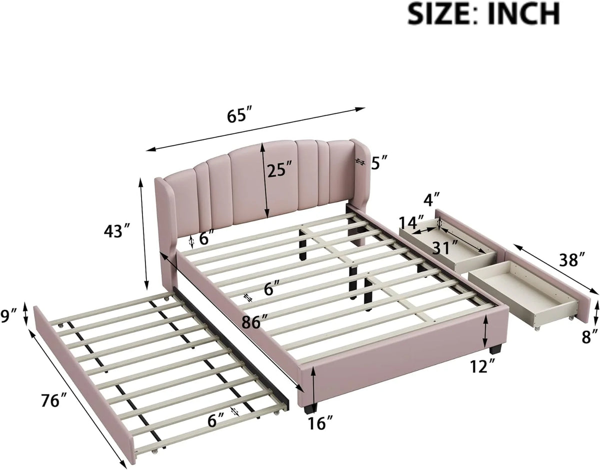 Queen Upholstered Platform Bed with Wingback Headboard and 2 Drawers S91483