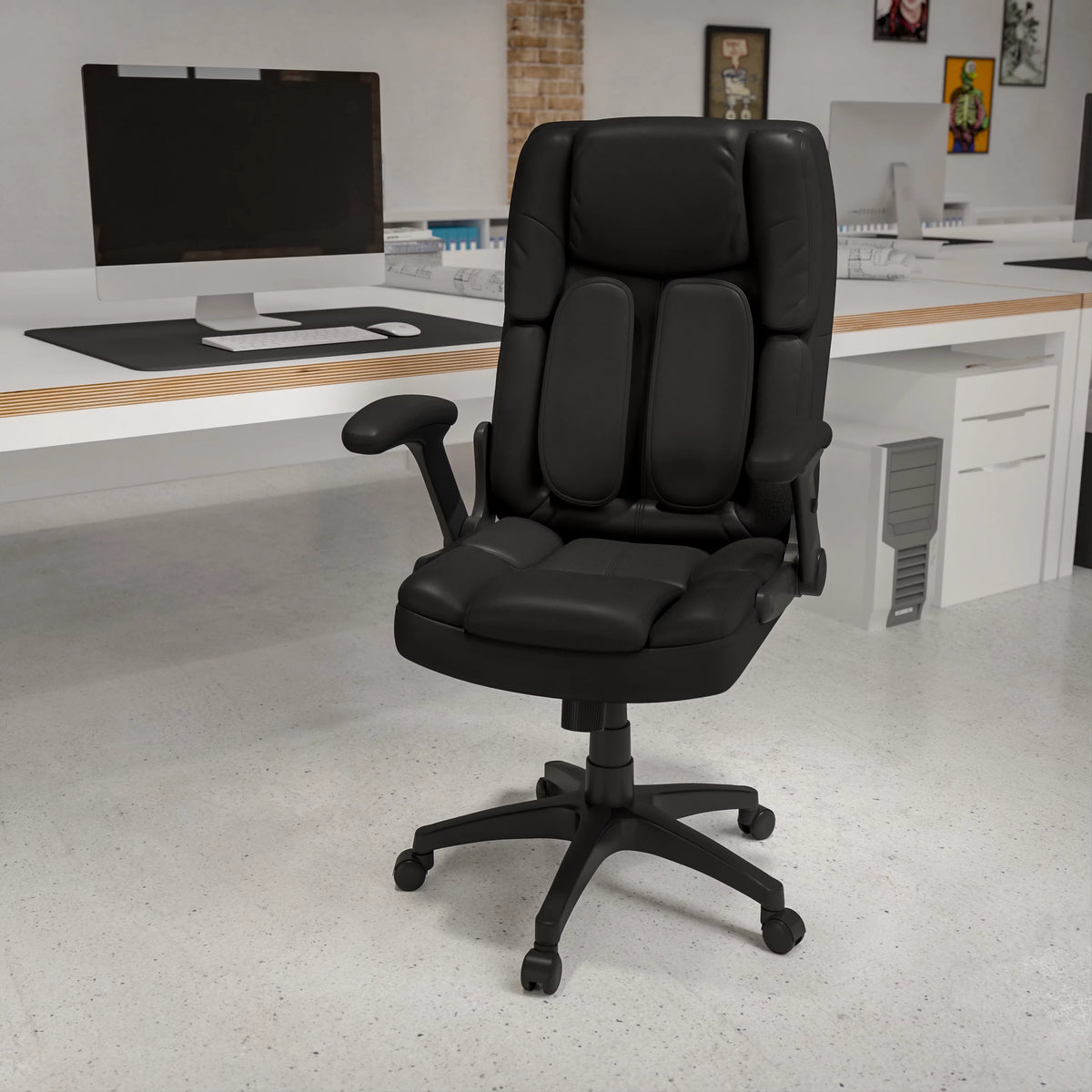 Black LeatherSoft Executive Swivel Ergonomic Office Chair with Flip-Up Arms J5242