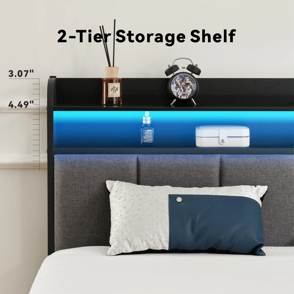 King Size Metal and Wood Platform Bed with LED Headboard K26153