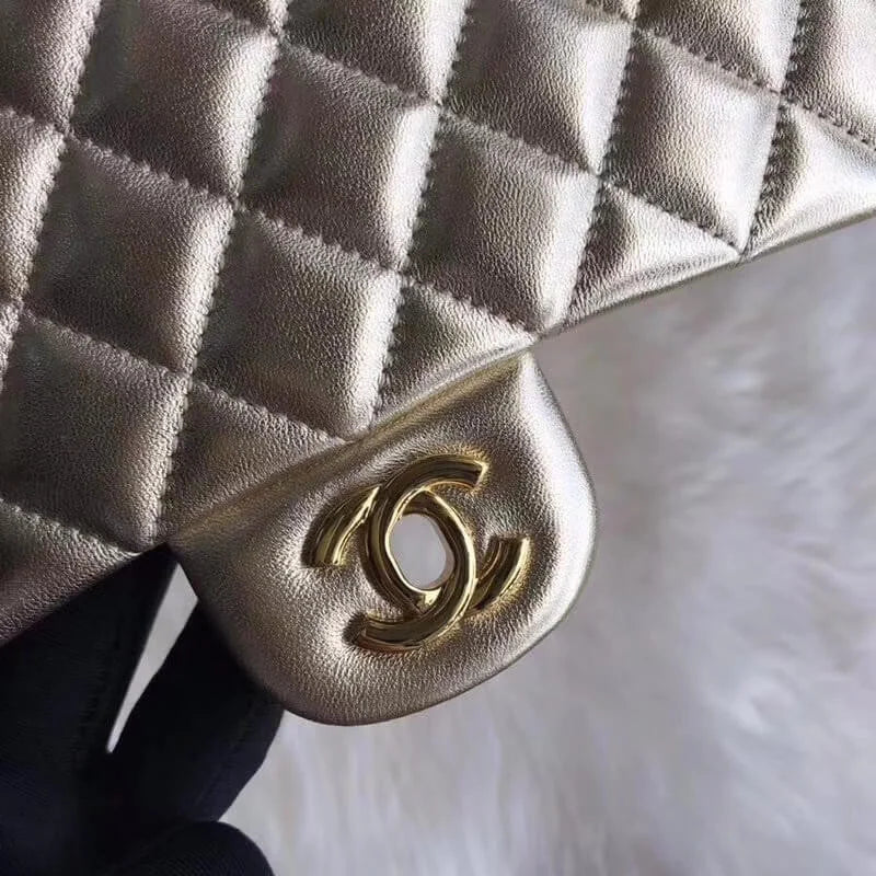 Gold Medium Size Lambskin Leather Flap Bag I300922