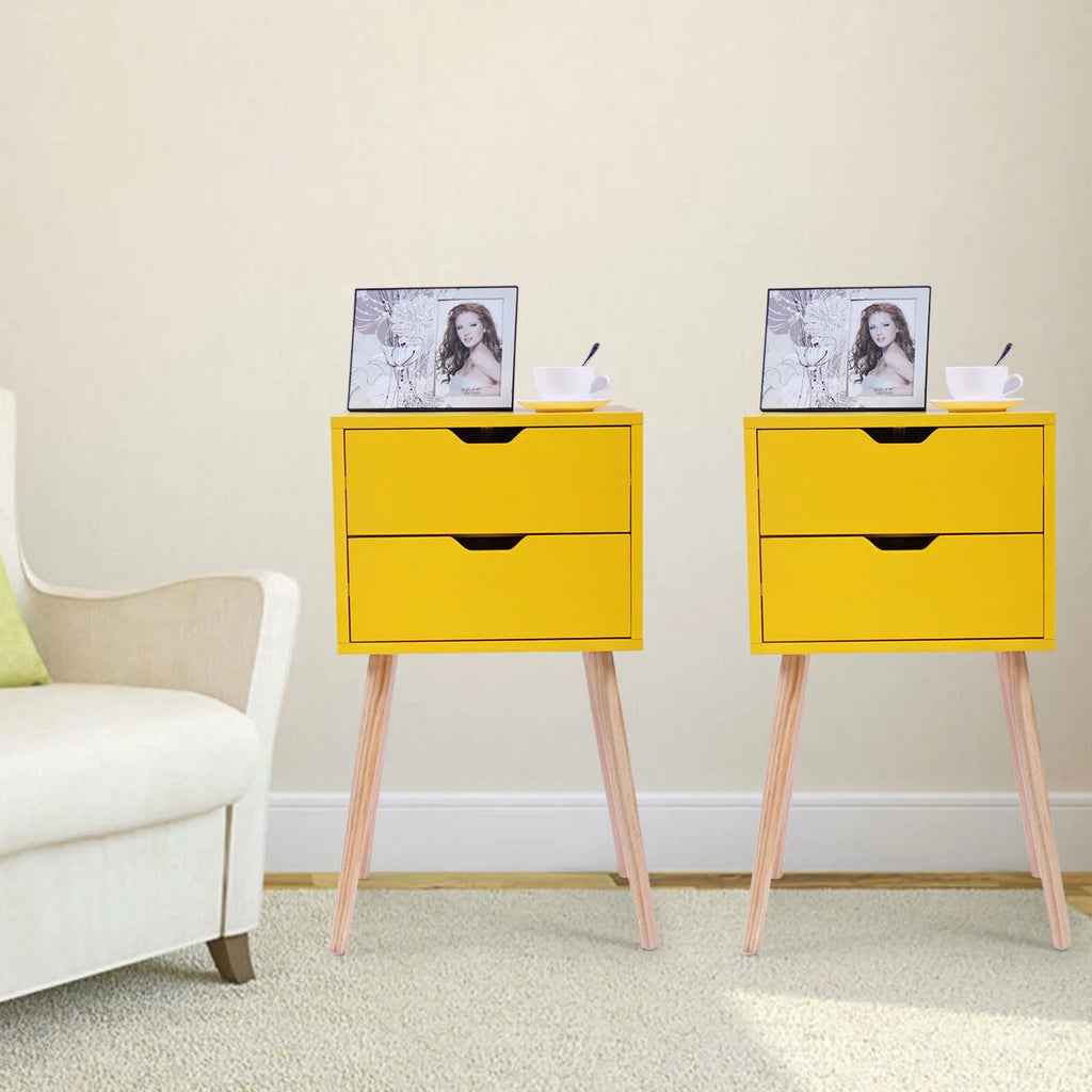 Set of 2 Nightstand with 2 Storage Drawer Solid Wood Side End Table Yellow J77810