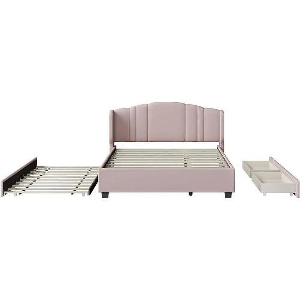 Queen Upholstered Platform Bed with Wingback Headboard and 2 Drawers S91483