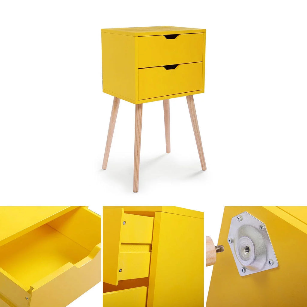 Set of 2 Nightstand with 2 Storage Drawer Solid Wood Side End Table Yellow J77810
