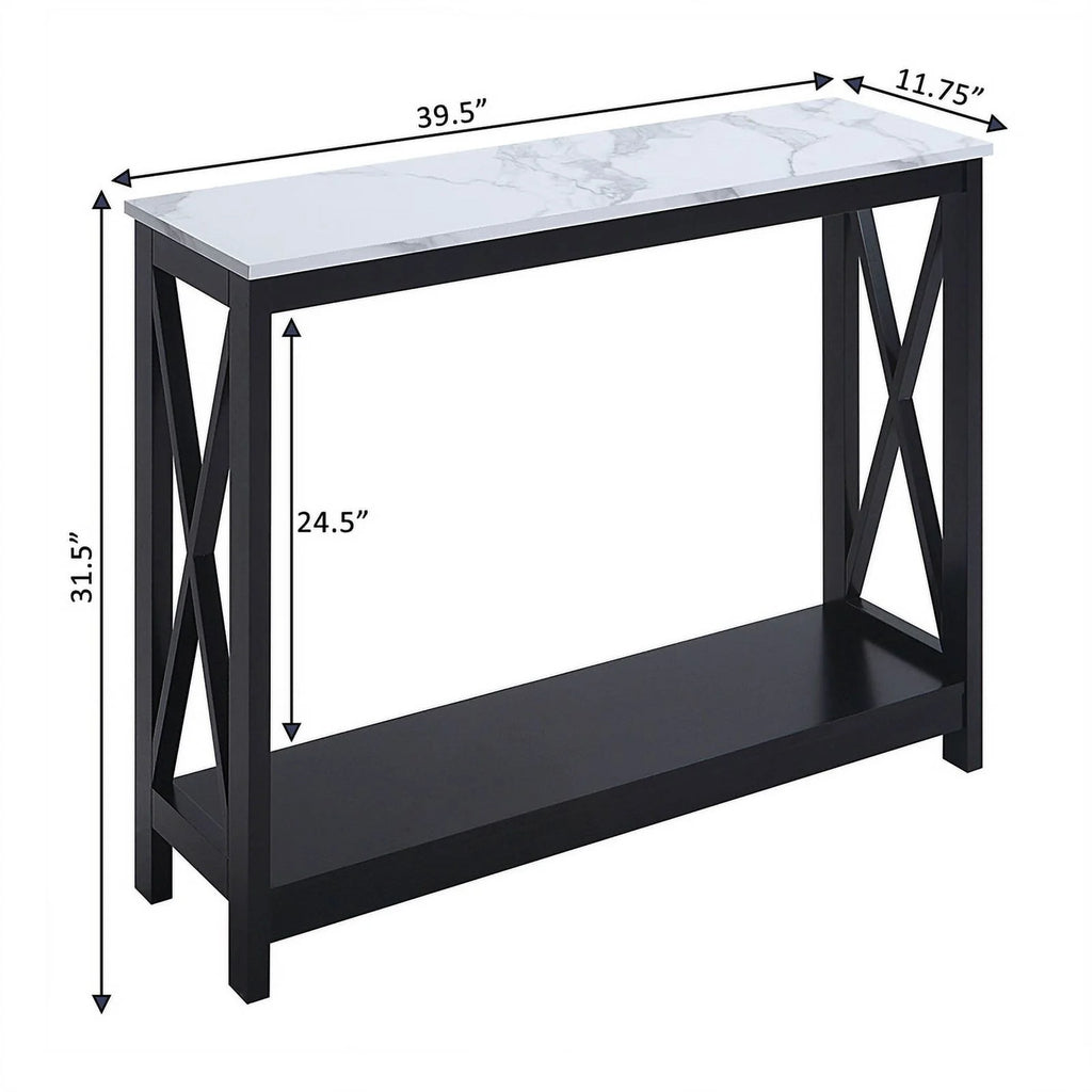 White Faux Marble and Black Wood Console Table with Shelf B243437