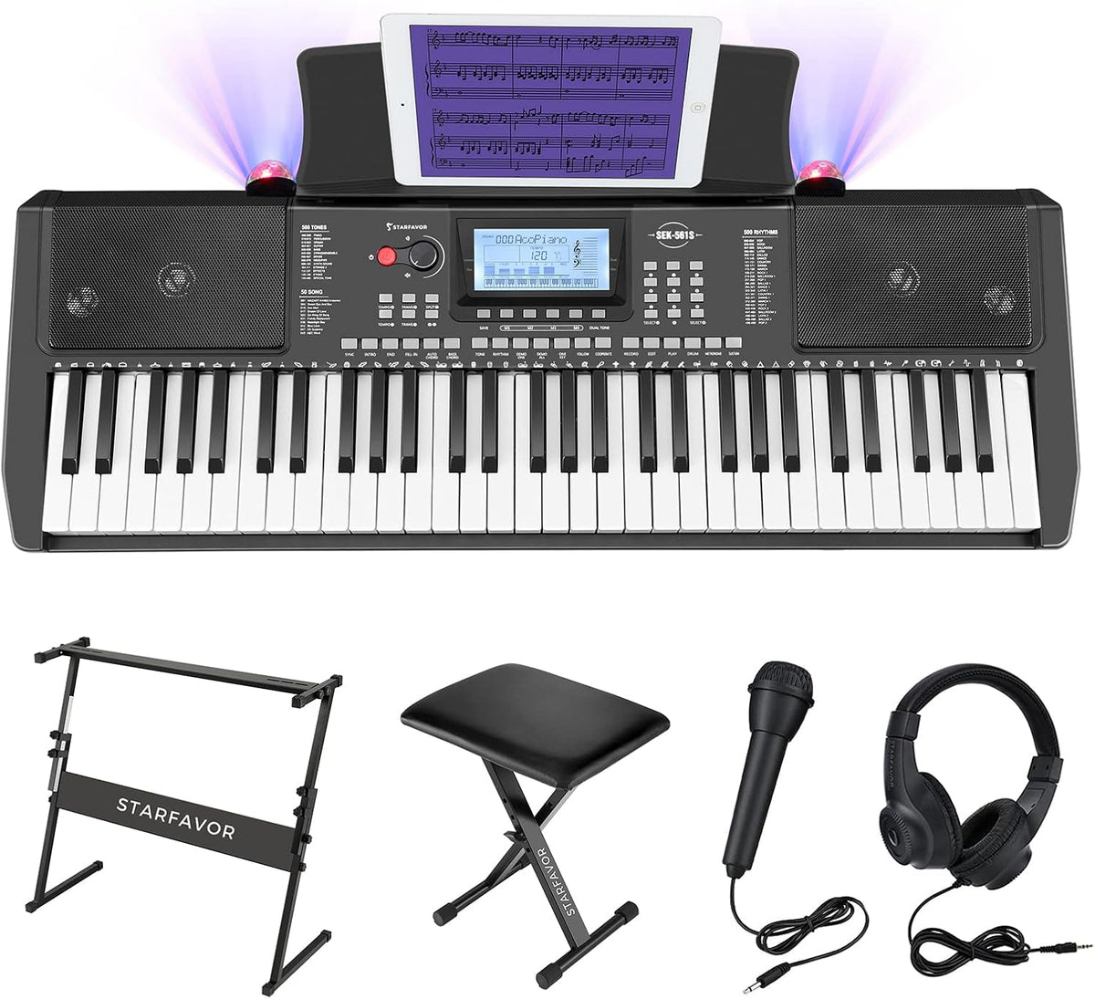 61 Key Electronic Keyboard Piano with LCD Display, Z-style Stand, Bench, Microphone, Headphone, Keynote Stickers D678289