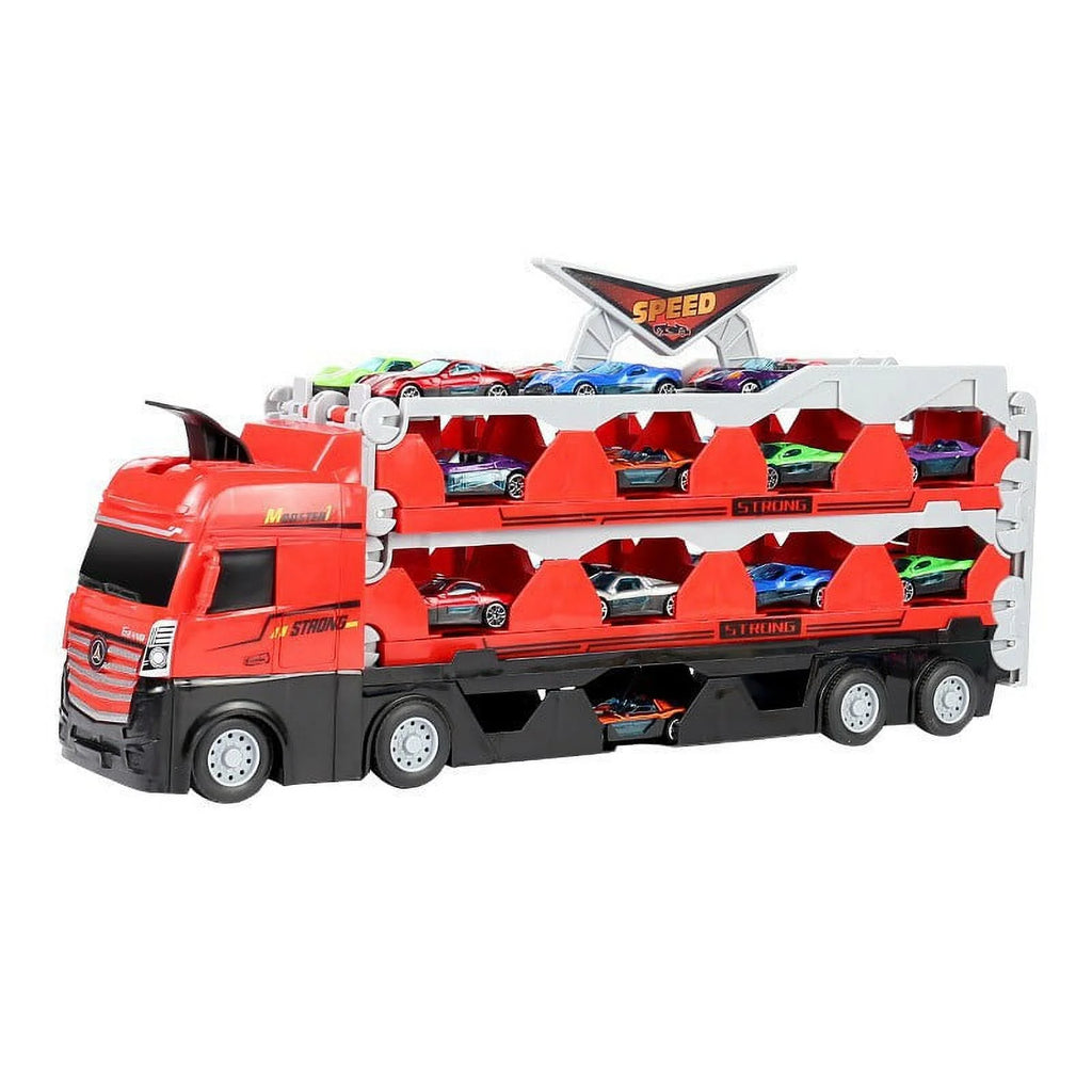 Mega Hauler Truck with Ejection Race Track, Folding Storage Transporter Toy with 8 Cars F5637