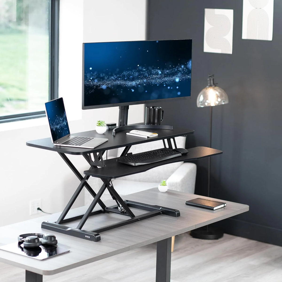 Black Height Adjustable Standing Desk Monitor Riser X504