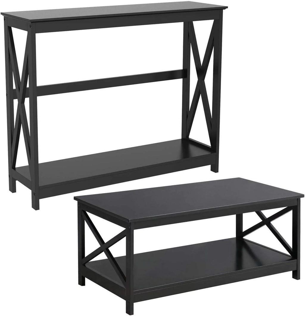 2-Piece Coffee Table & Sofa Side Console Table Set Black S168