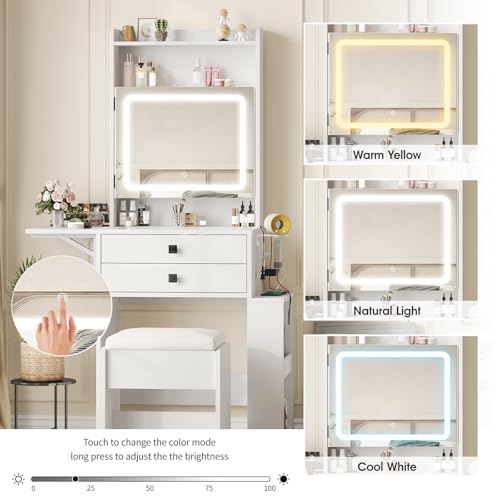 White Makeup Vanity Desk with Lighted Mirror and Chair O7640