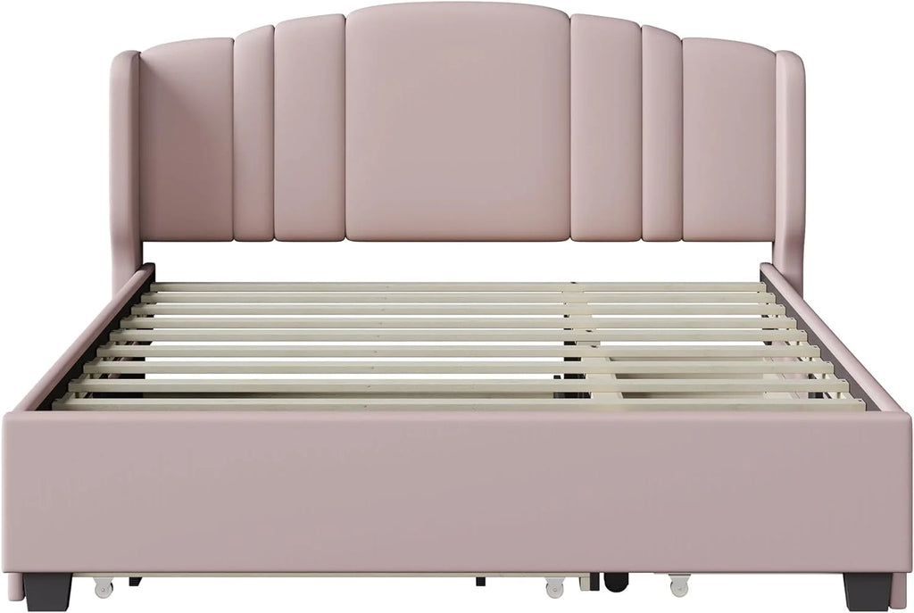 Queen Upholstered Platform Bed with Wingback Headboard and 2 Drawers S91483