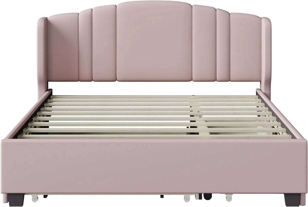 Queen Upholstered Platform Bed with Wingback Headboard and 2 Drawers S91483
