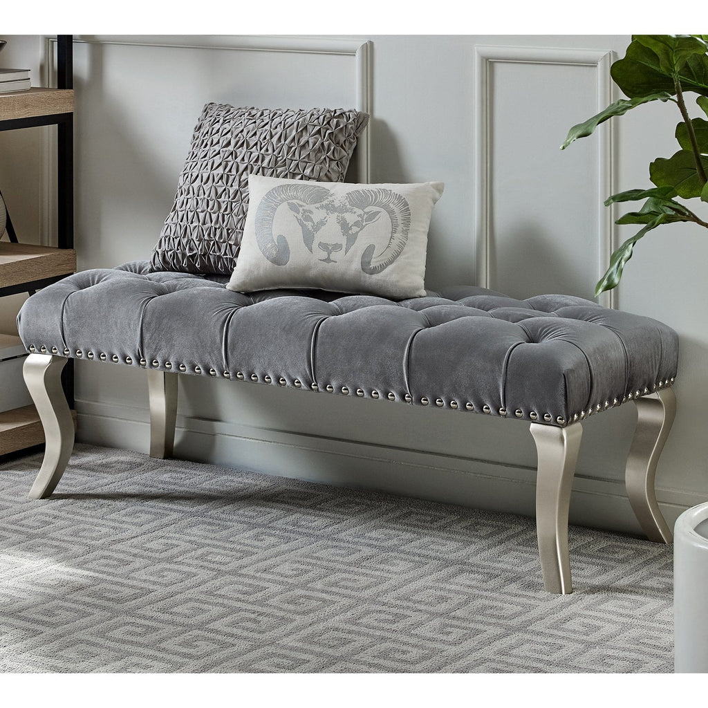 Gray Fabric Upholstered Bench with Nailhead R60506