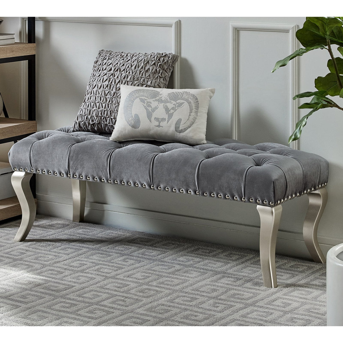 Gray Fabric Upholstered Bench with Nailhead R60506
