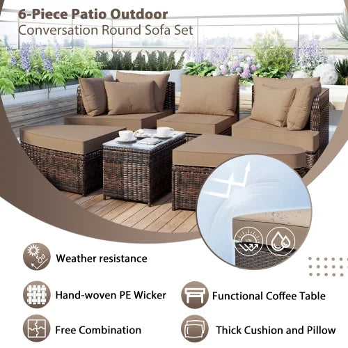 6 Piece PE Wicker Rattan Patio Sofa Set with Coffee Table Q367